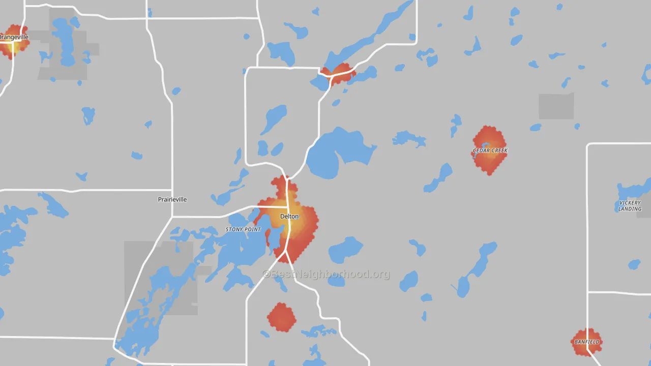 Walk Grade map of Delton, MI, walkable areas in green and car-dependent areas in red