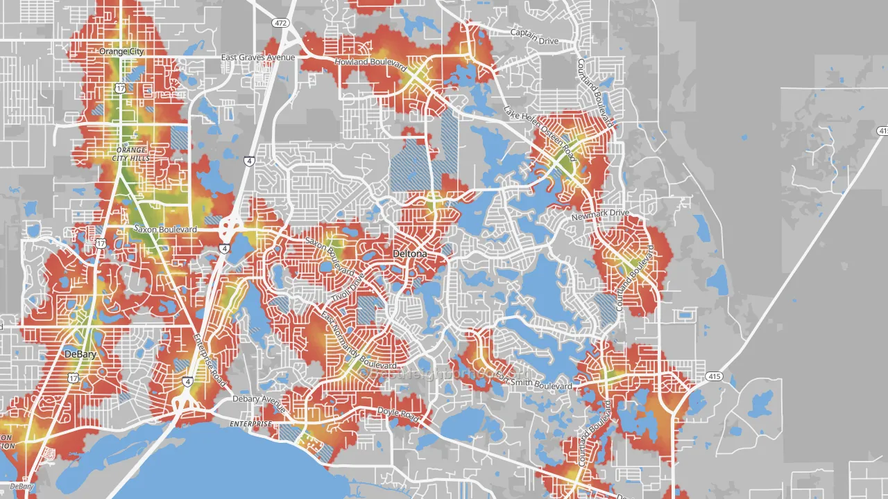 Walk Grade map of Deltona, FL, walkable areas in green and car-dependent areas in red