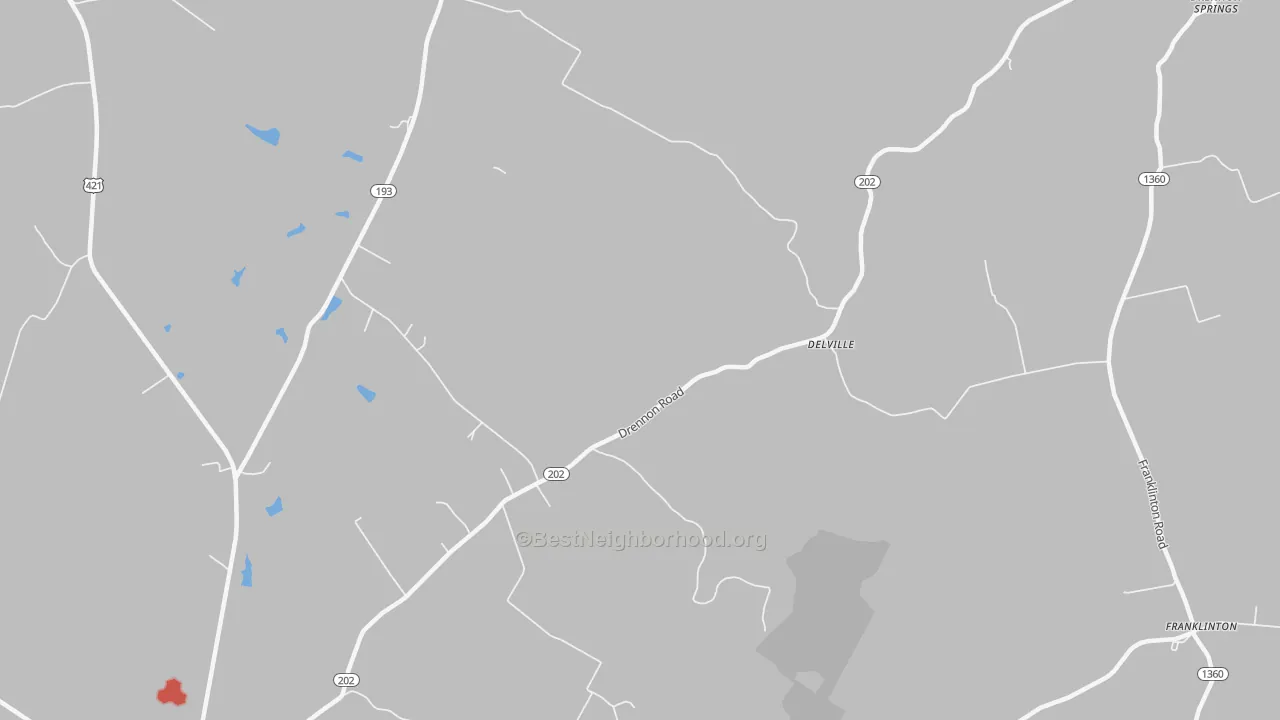 Walk Grade map of Delville, KY, walkable areas in green and car-dependent areas in red