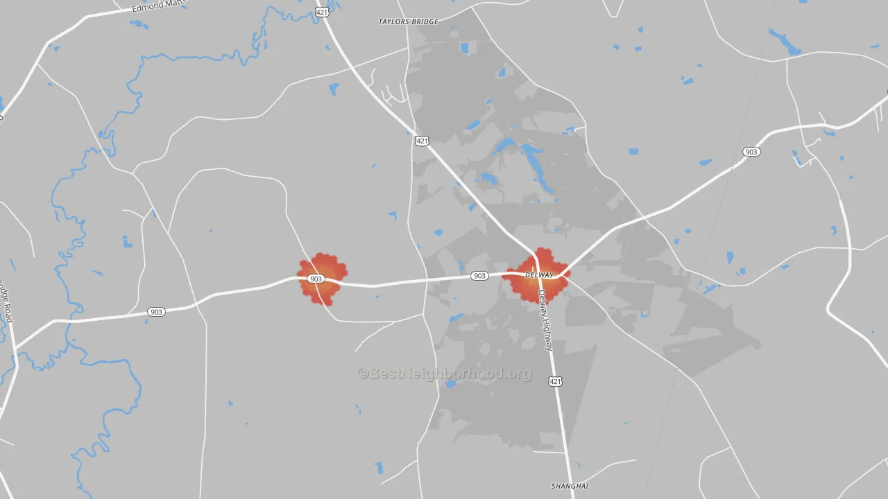 Walk Grade map of Delway, NC, walkable areas in green and car-dependent areas in red