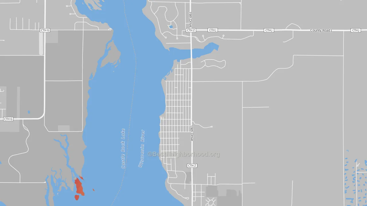 Walk Grade map of Delwood, WI, walkable areas in green and car-dependent areas in red