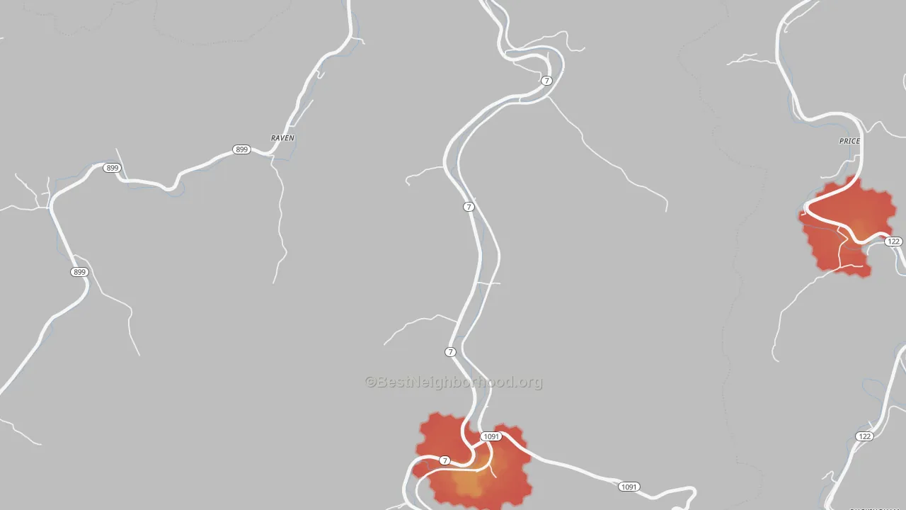 Walk Grade map of Dema, KY, walkable areas in green and car-dependent areas in red
