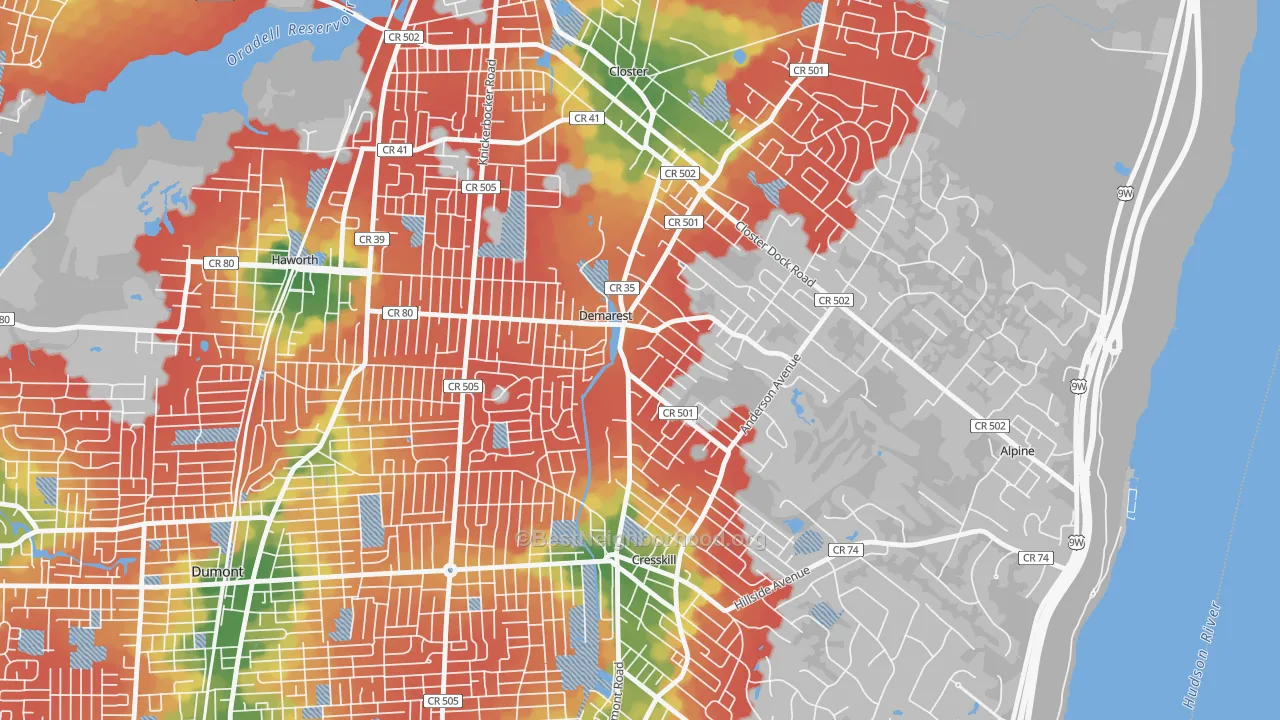 Walk Grade map of DeMarest, NJ, walkable areas in green and car-dependent areas in red