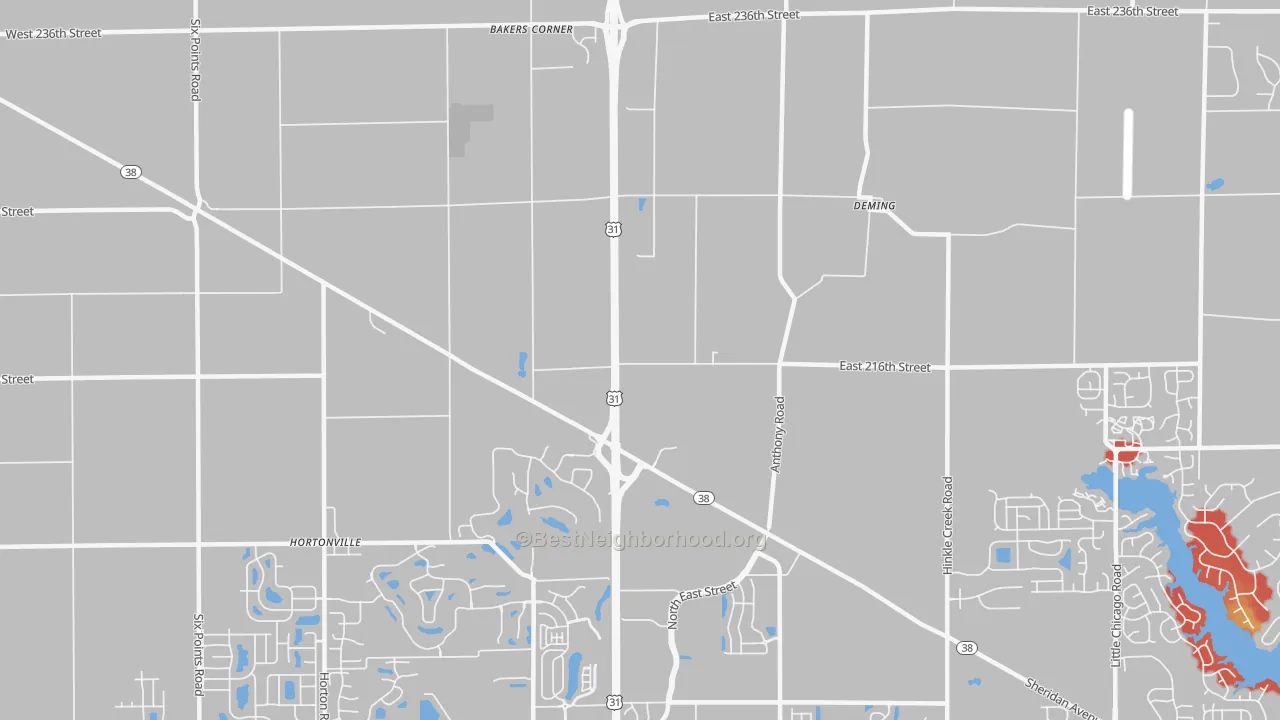 Walk Grade map of Deming, IN, walkable areas in green and car-dependent areas in red