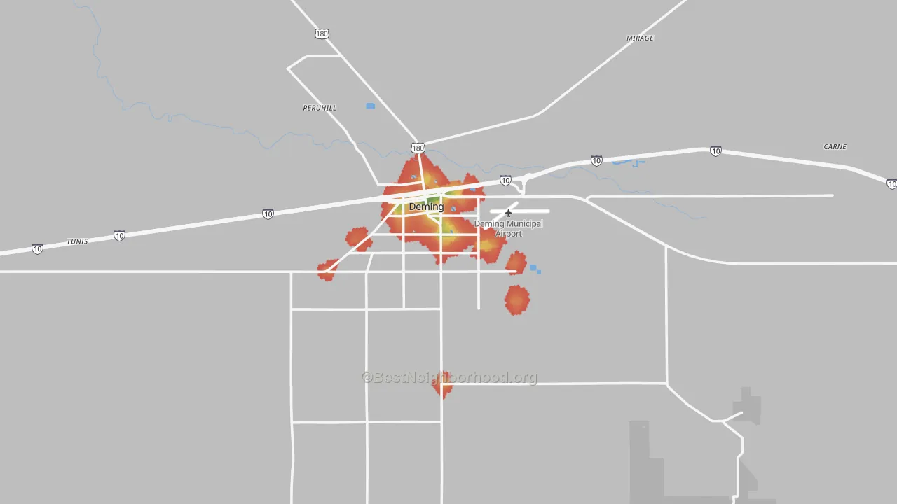 Walk Grade map of Deming, NM, walkable areas in green and car-dependent areas in red