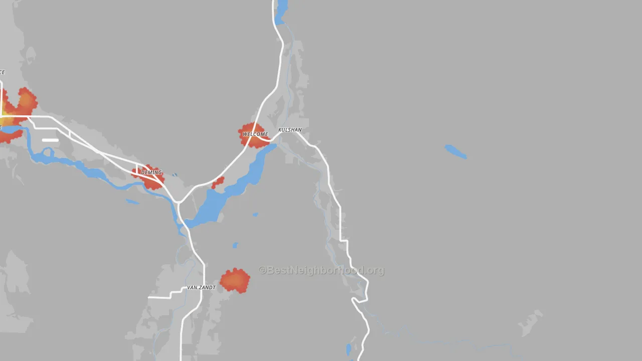 Walk Grade map of Deming, WA, walkable areas in green and car-dependent areas in red