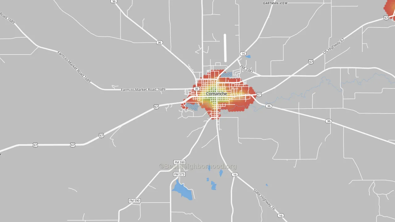Walk Grade map of Democrat, TX, walkable areas in green and car-dependent areas in red