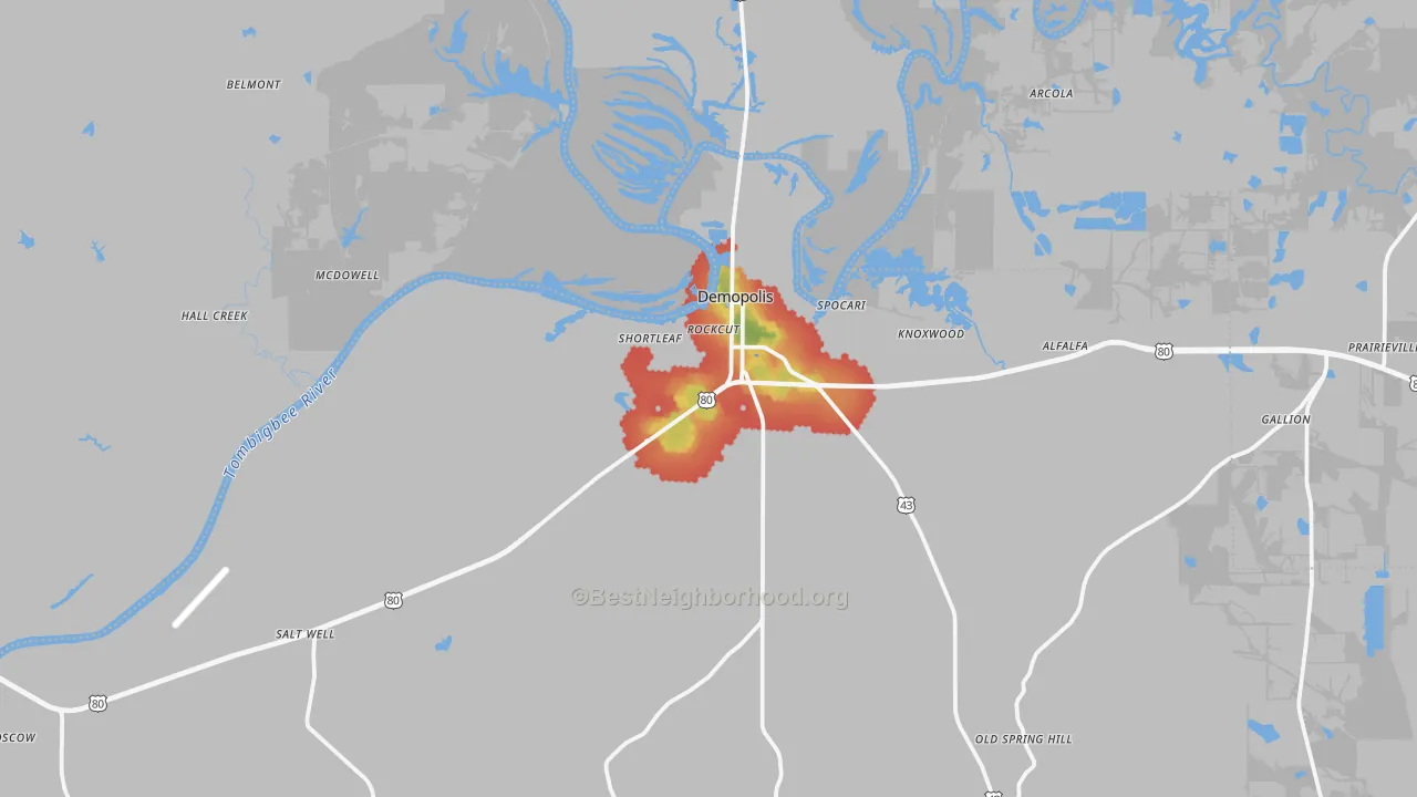 Walk Grade map of Demopolis, AL, walkable areas in green and car-dependent areas in red
