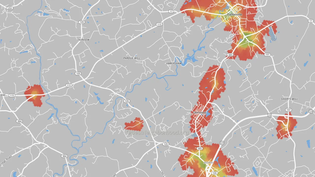 Walk Grade map of Demorest, GA, walkable areas in green and car-dependent areas in red