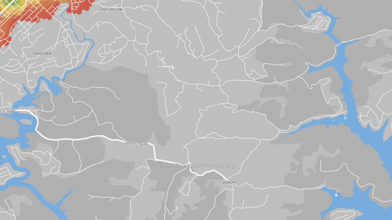 Walk Grade map of DeMory, TN, walkable areas in green and car-dependent areas in red