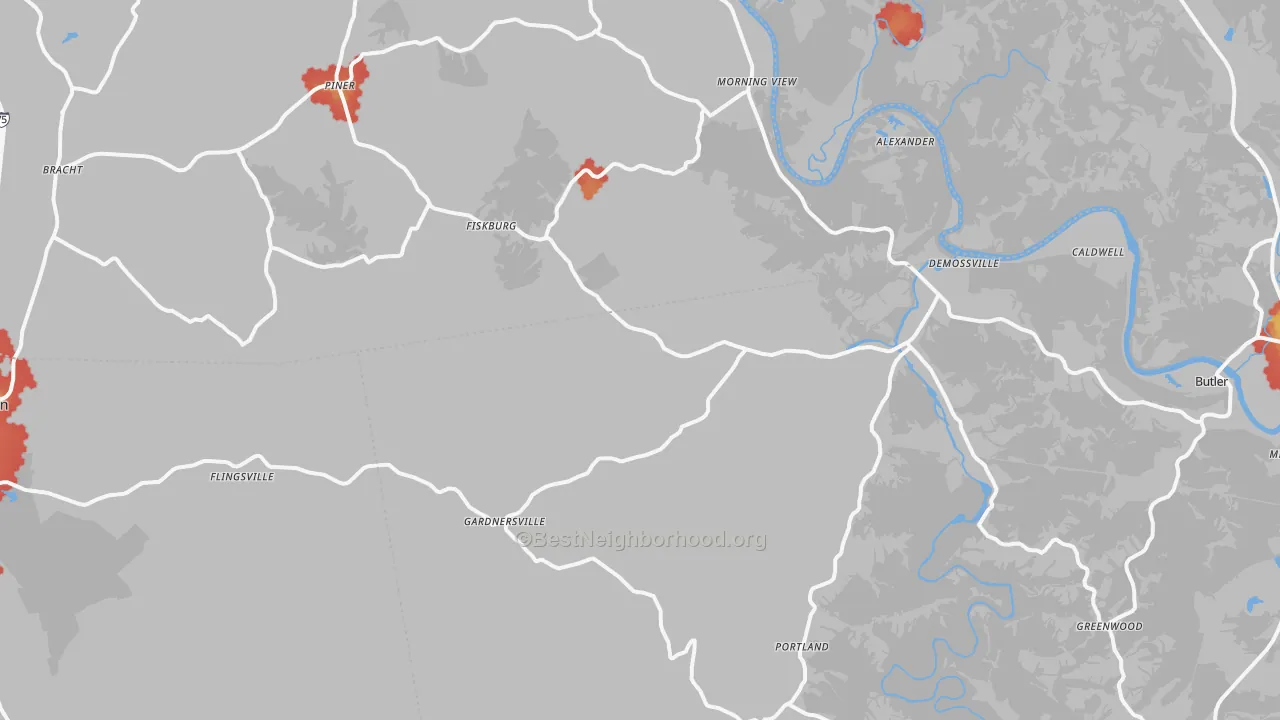 Walk Grade map of DeMossville, KY, walkable areas in green and car-dependent areas in red