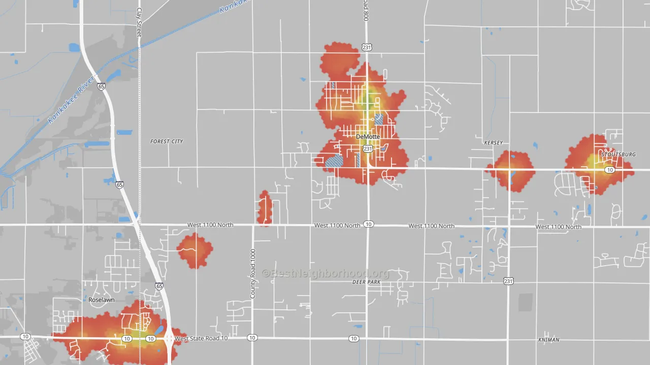 Walk Grade map of DeMotte, IN, walkable areas in green and car-dependent areas in red
