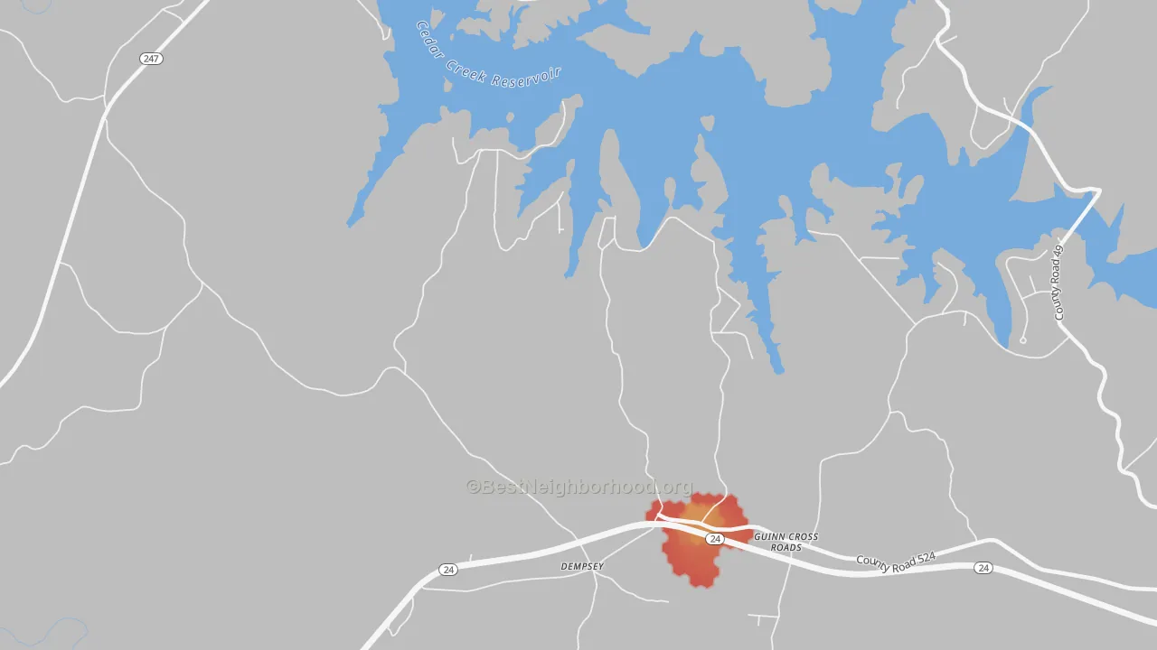 Walk Grade map of Dempsey, AL, walkable areas in green and car-dependent areas in red