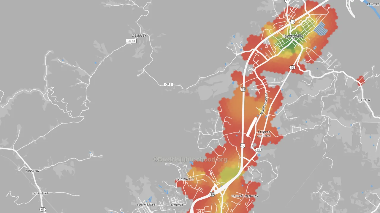 Walk Grade map of Dempsey, WV, walkable areas in green and car-dependent areas in red