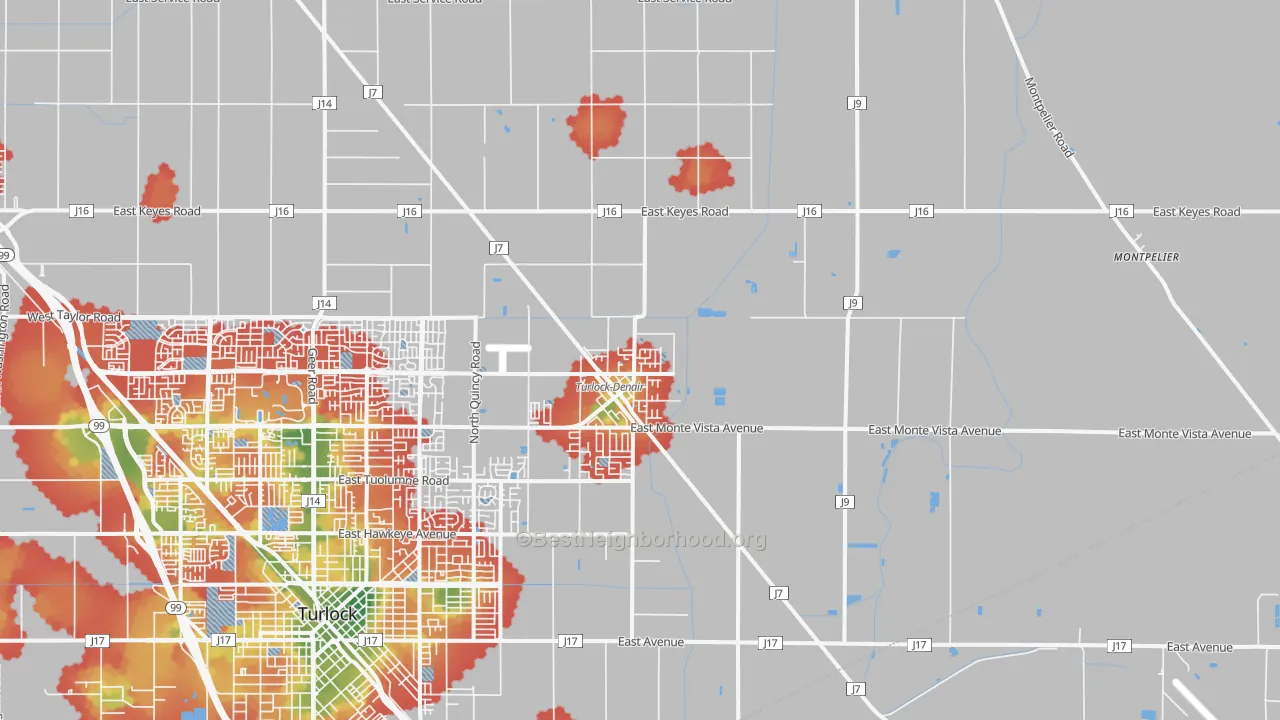 Walk Grade map of Denair, CA, walkable areas in green and car-dependent areas in red
