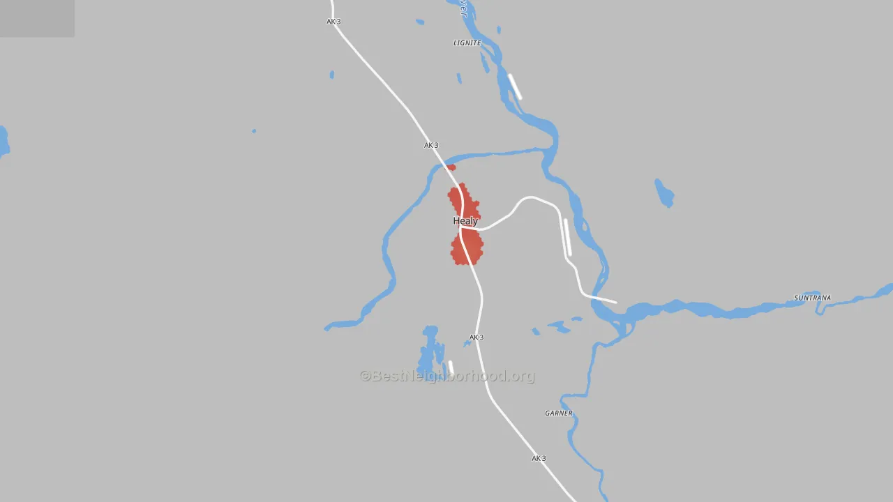 Walk Grade map of Denali Borough, AK, walkable areas in green and car-dependent areas in red