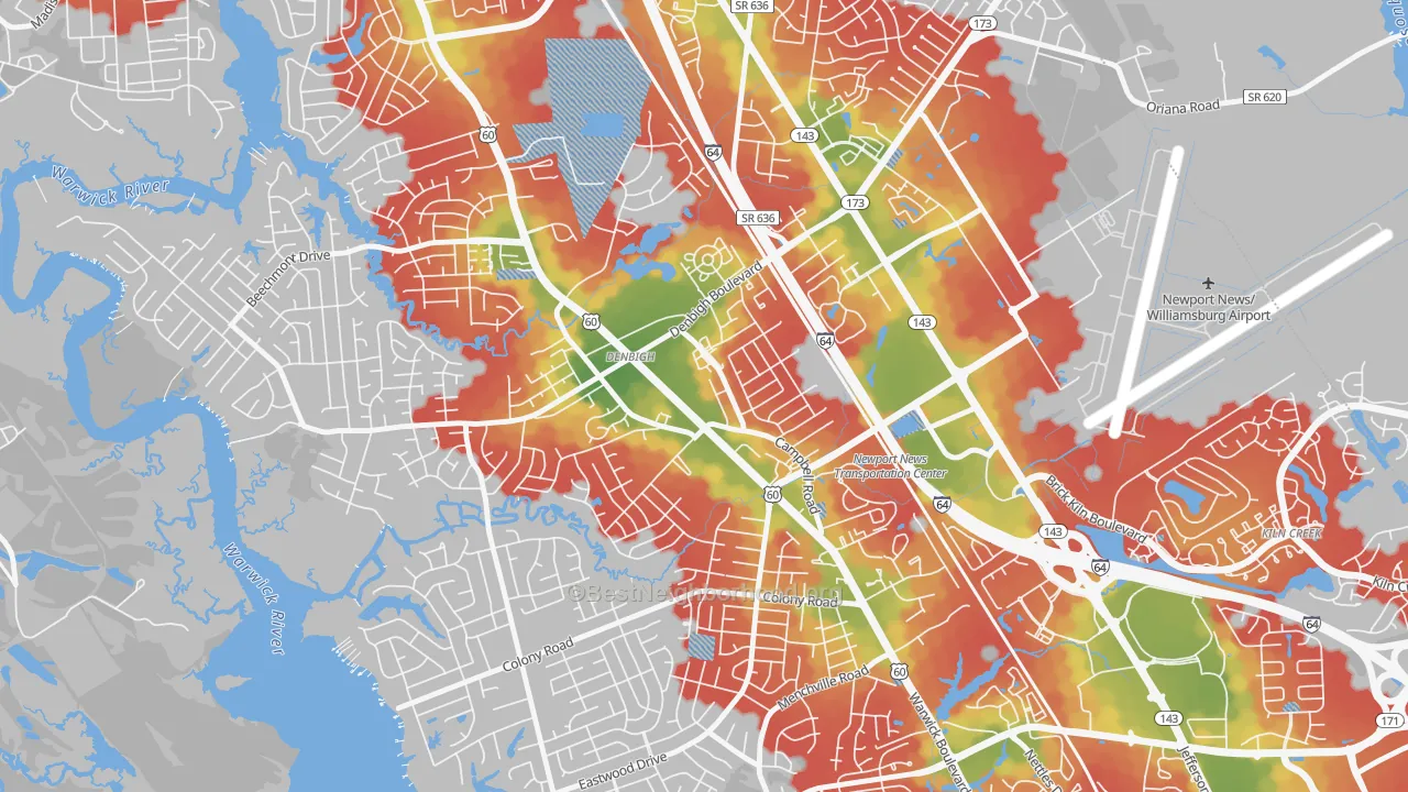Walk Grade map of Denbigh, Newport News, VA, walkable areas in green and car-dependent areas in red