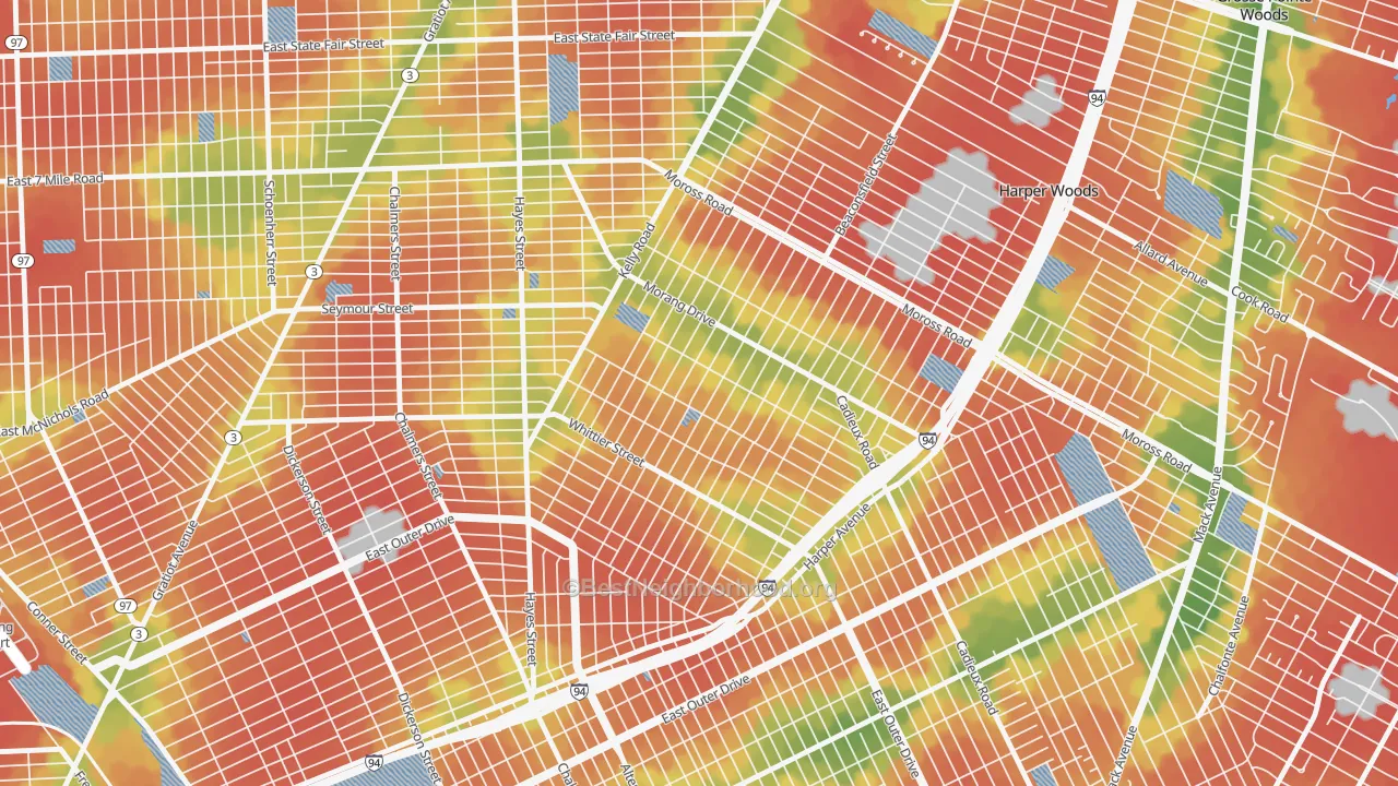 Walk Grade map of Denby, Detroit, MI, walkable areas in green and car-dependent areas in red