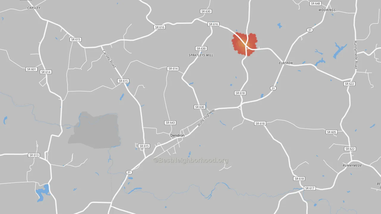 Walk Grade map of Dendron, VA, walkable areas in green and car-dependent areas in red