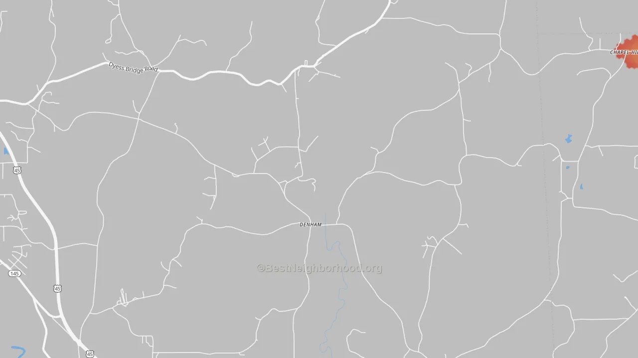 Walk Grade map of Denham, MS, walkable areas in green and car-dependent areas in red