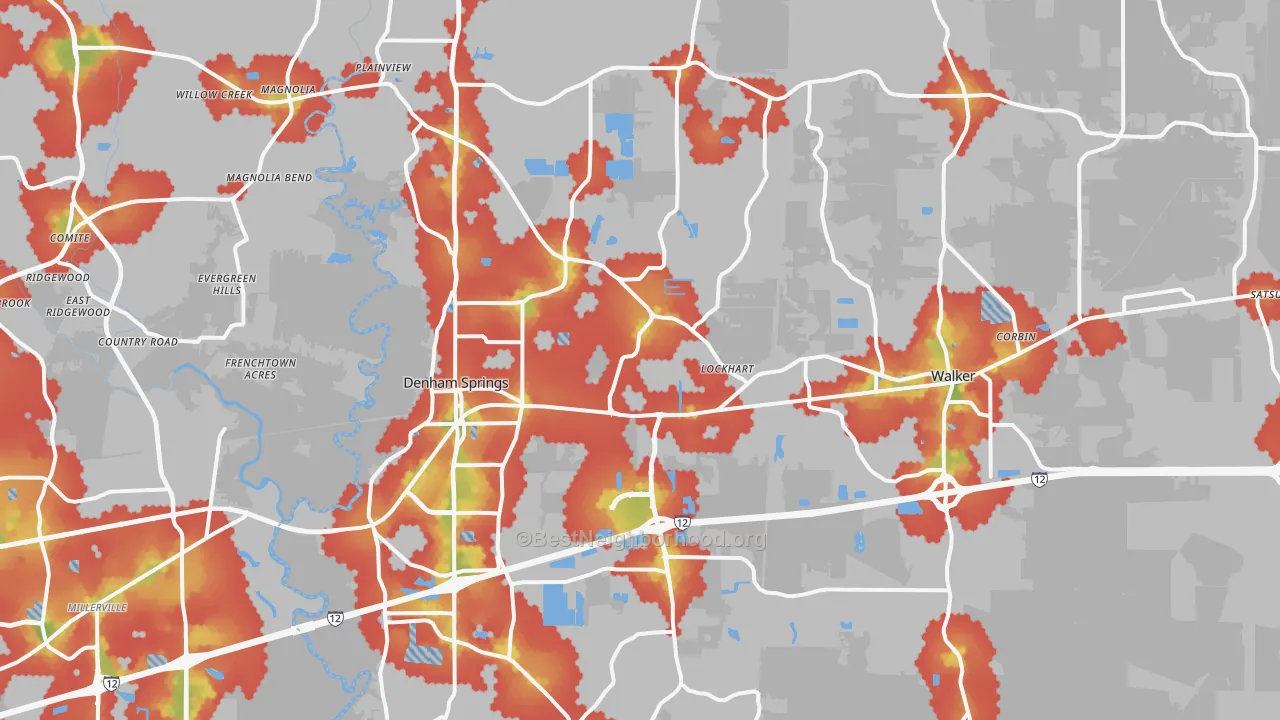Walk Grade map of Denham Springs, LA, walkable areas in green and car-dependent areas in red