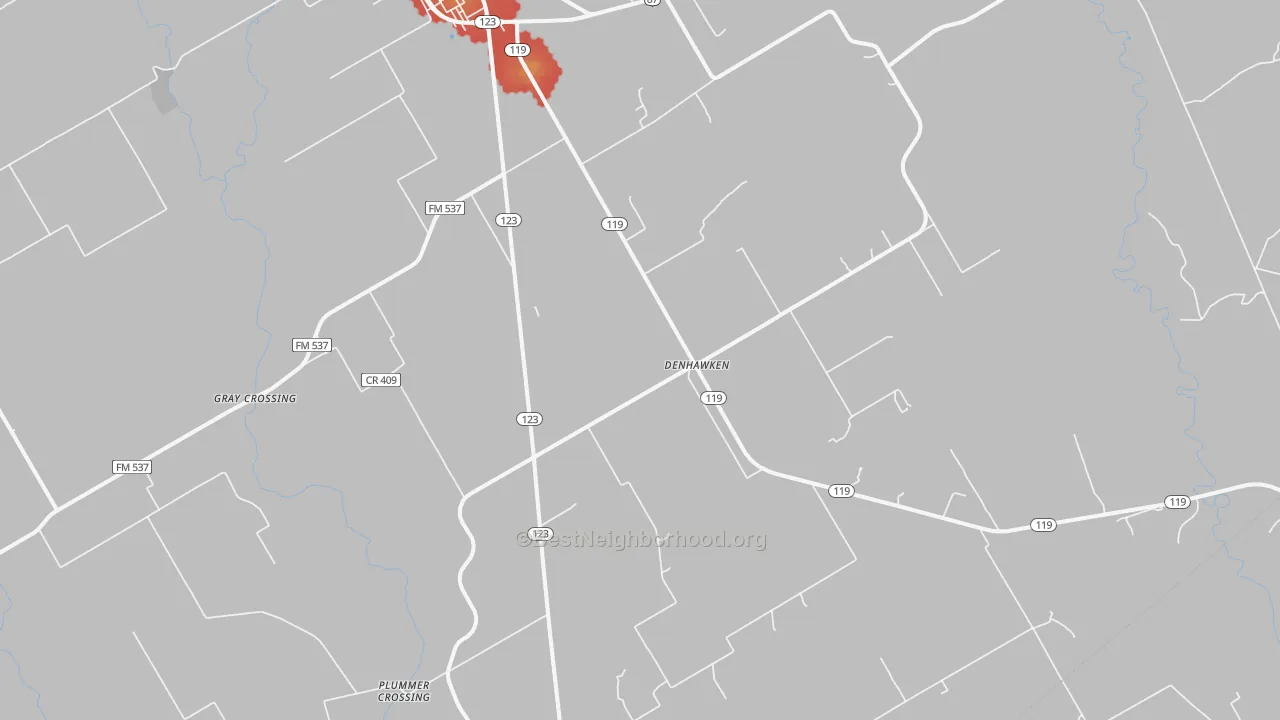 Walk Grade map of Denhawken, TX, walkable areas in green and car-dependent areas in red
