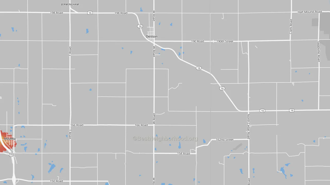 Walk Grade map of Denison, KS, walkable areas in green and car-dependent areas in red