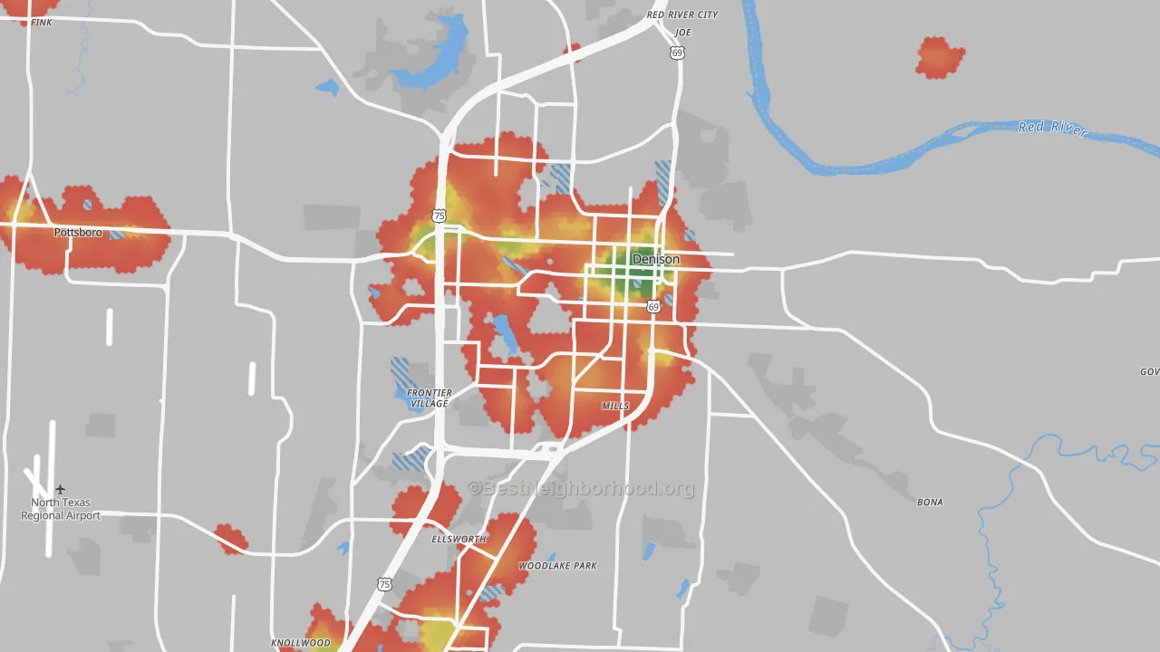 Walk Grade map of Denison, TX, walkable areas in green and car-dependent areas in red