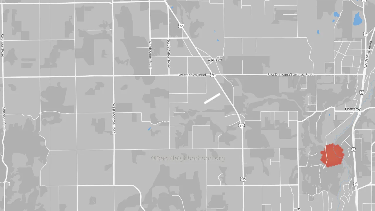 Walk Grade map of Denison, WA, walkable areas in green and car-dependent areas in red