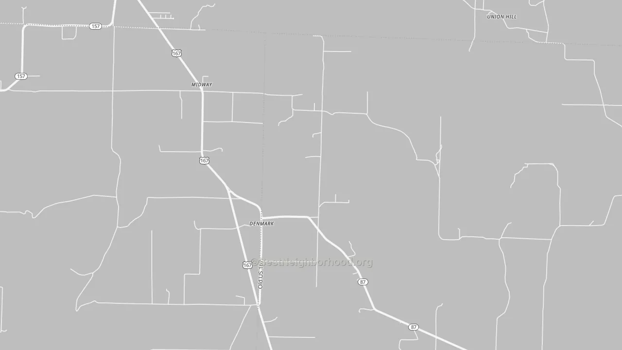 Walk Grade map of Denmark, AR, walkable areas in green and car-dependent areas in red
