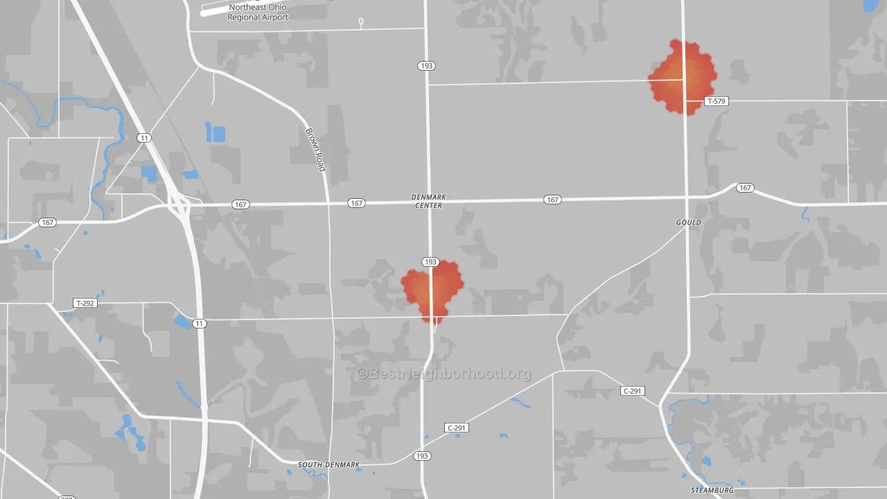 Walk Grade map of Denmark Center, OH, walkable areas in green and car-dependent areas in red