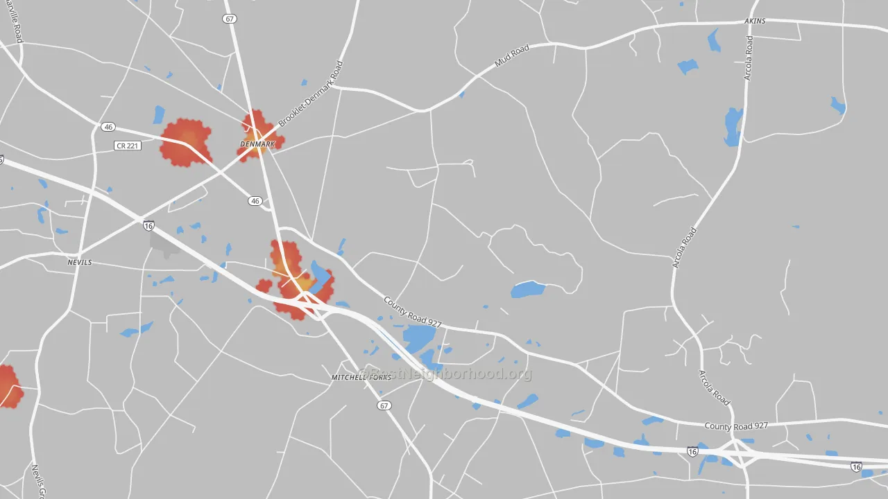 Walk Grade map of Denmark, GA, walkable areas in green and car-dependent areas in red