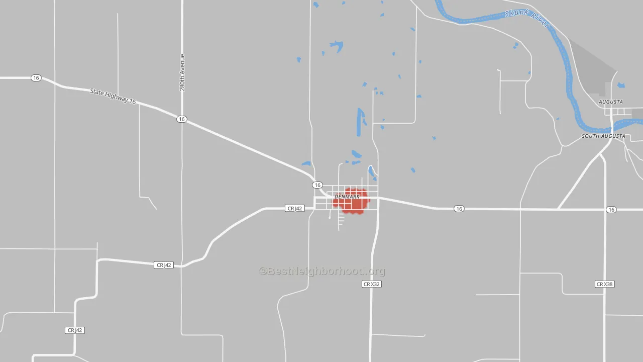 Walk Grade map of Denmark, IA, walkable areas in green and car-dependent areas in red
