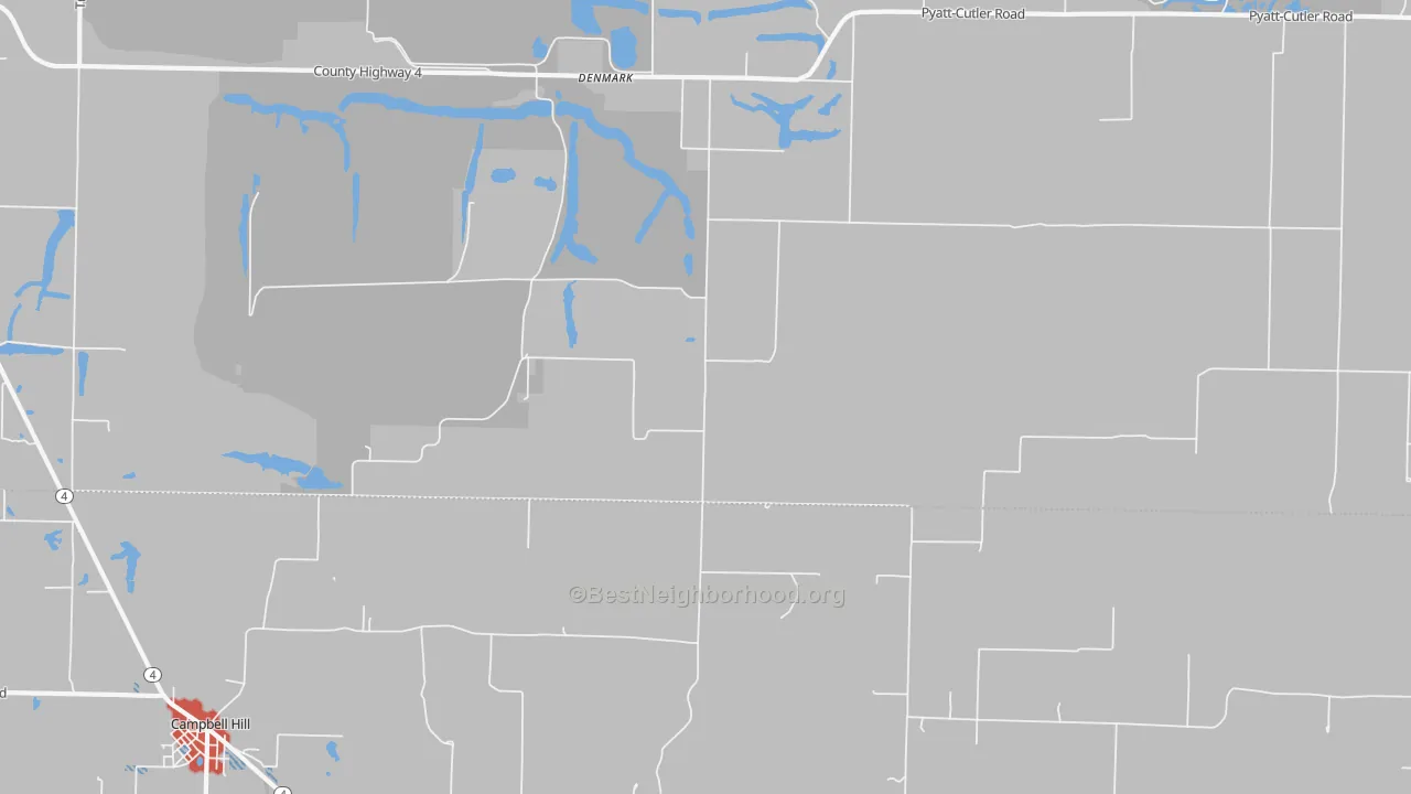 Walk Grade map of Denmark, IL, walkable areas in green and car-dependent areas in red