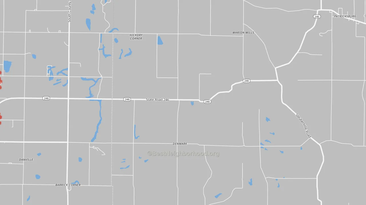 Walk Grade map of Denmark, IN, walkable areas in green and car-dependent areas in red