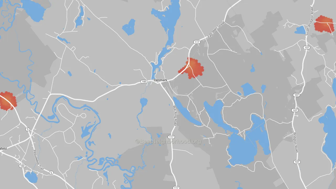Walk Grade map of Denmark, ME, walkable areas in green and car-dependent areas in red
