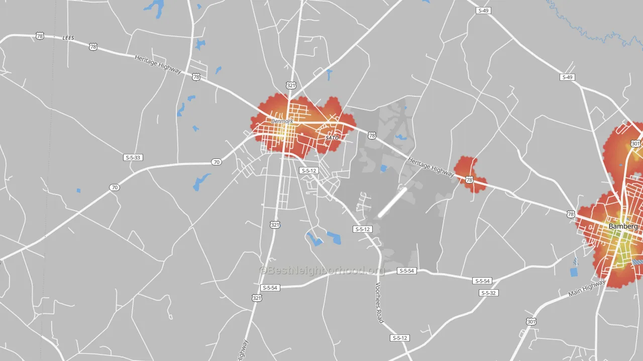 Walk Grade map of Denmark, SC, walkable areas in green and car-dependent areas in red
