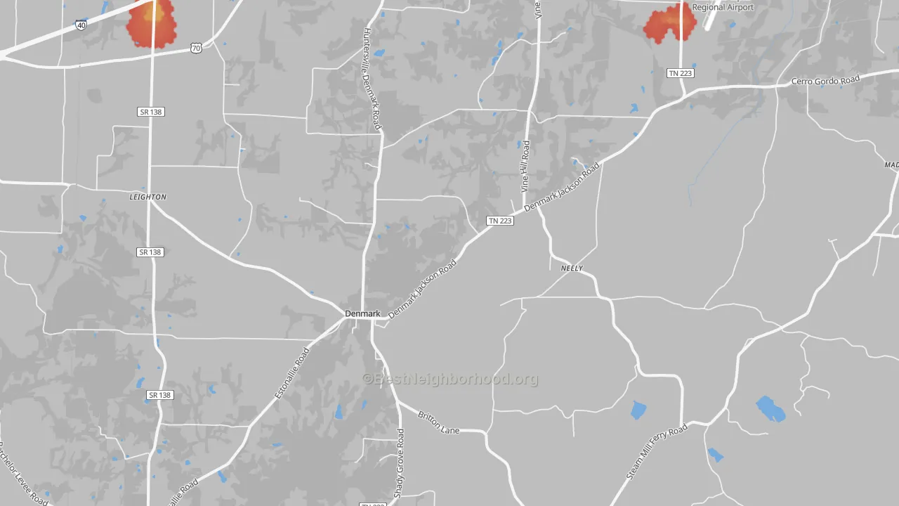 Walk Grade map of Denmark, TN, walkable areas in green and car-dependent areas in red