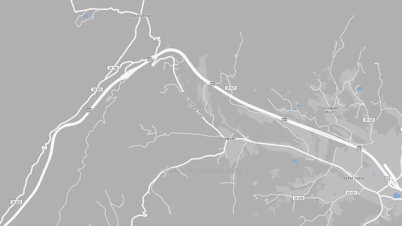 Walk Grade map of Denmark, VA, walkable areas in green and car-dependent areas in red
