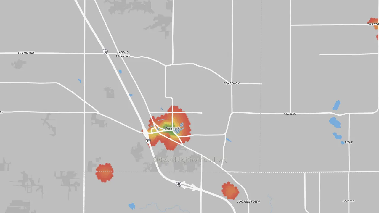Walk Grade map of Denmark, WI, walkable areas in green and car-dependent areas in red