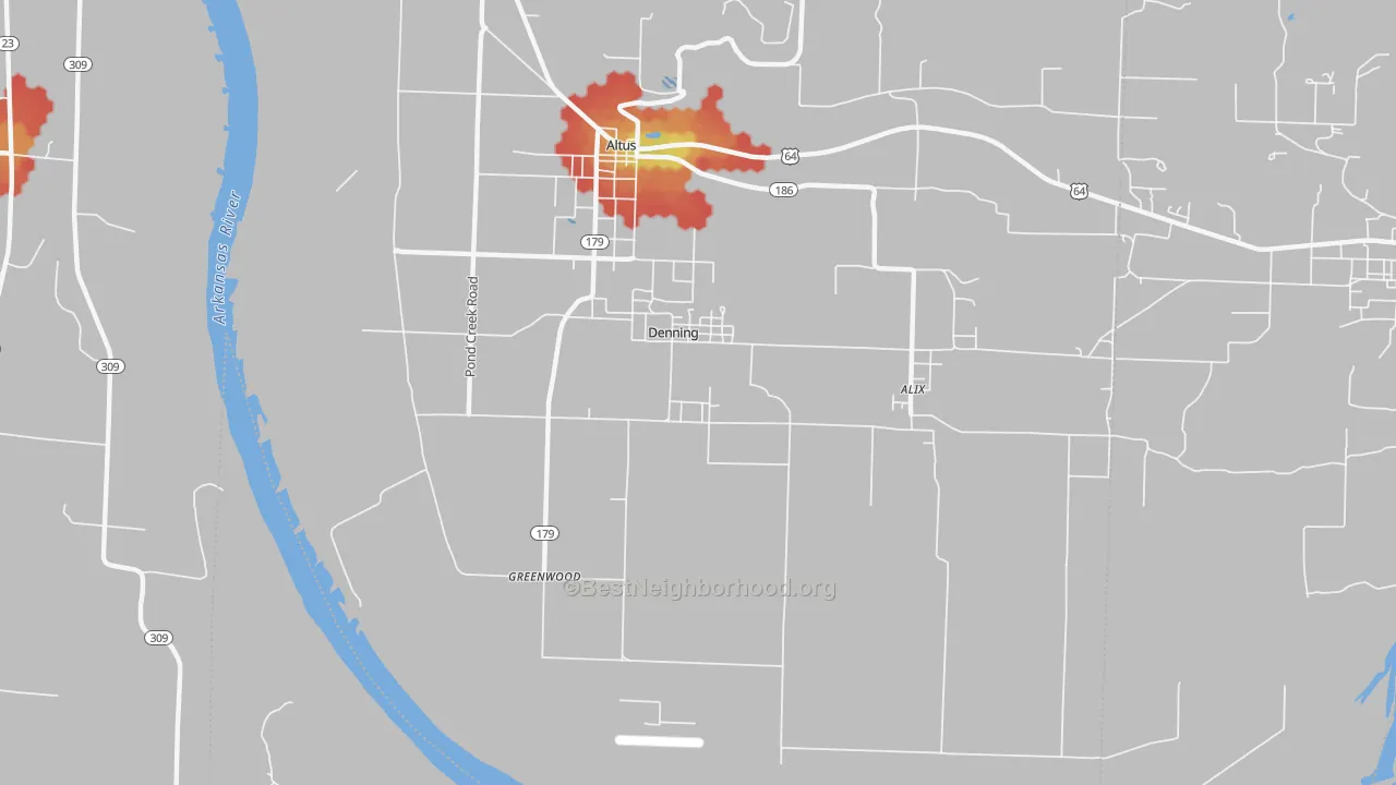 Walk Grade map of Denning, AR, walkable areas in green and car-dependent areas in red