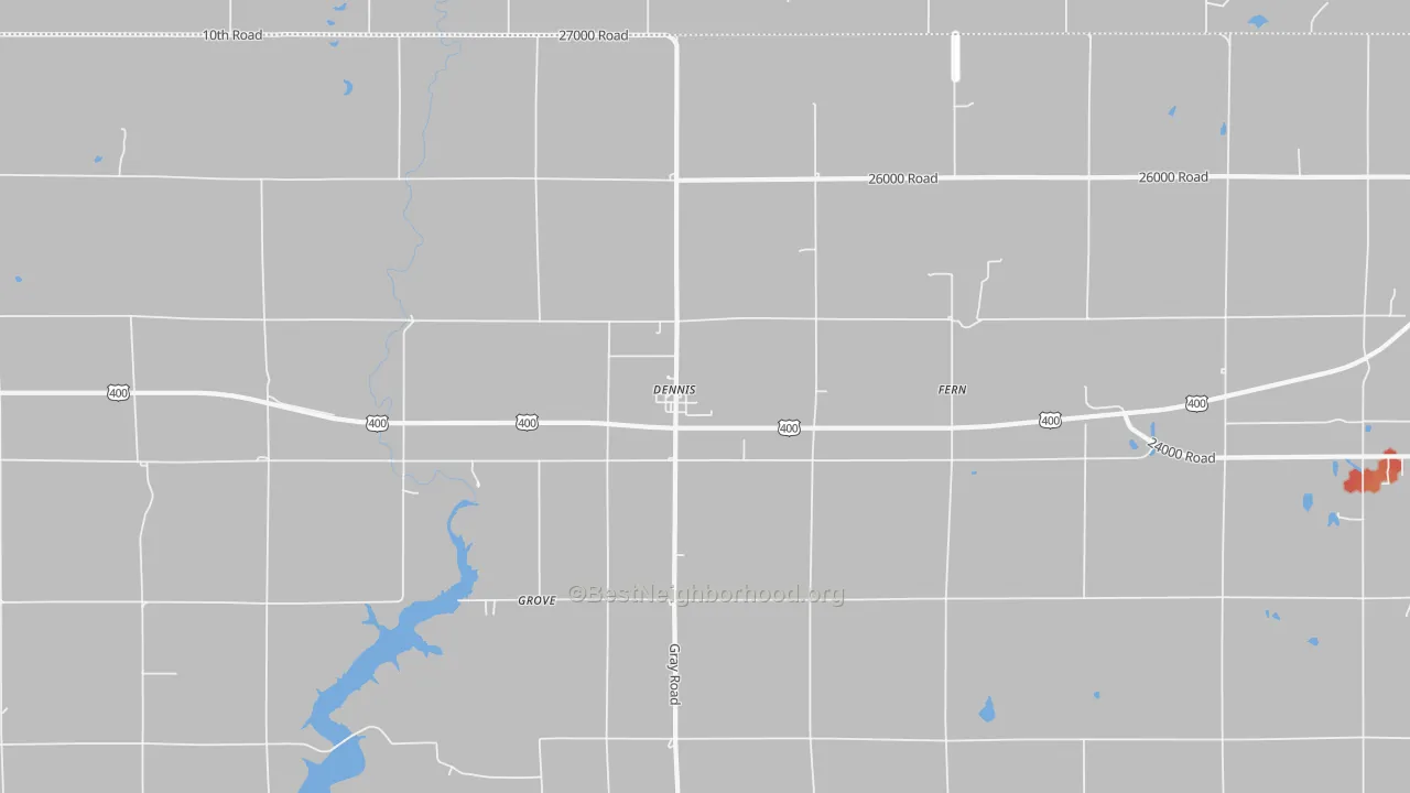 Walk Grade map of Dennis, KS, walkable areas in green and car-dependent areas in red