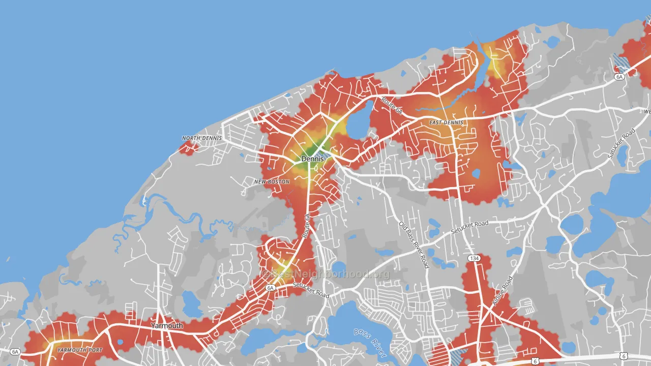 Walk Grade map of Dennis, MA, walkable areas in green and car-dependent areas in red