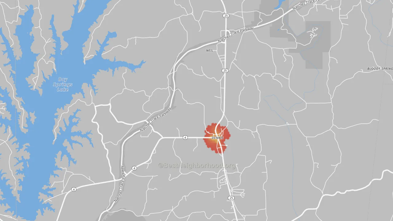 Walk Grade map of Dennis, MS, walkable areas in green and car-dependent areas in red