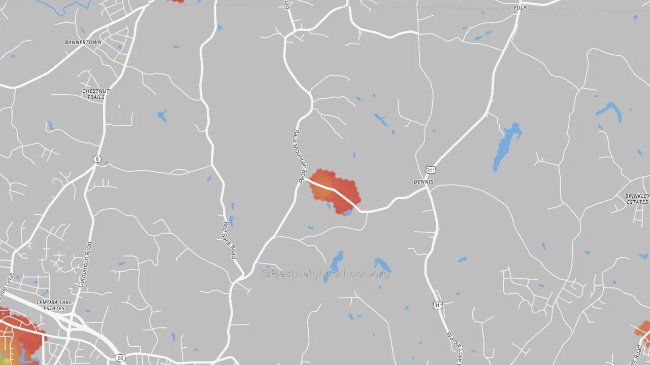 Walk Grade map of Dennis, NC, walkable areas in green and car-dependent areas in red