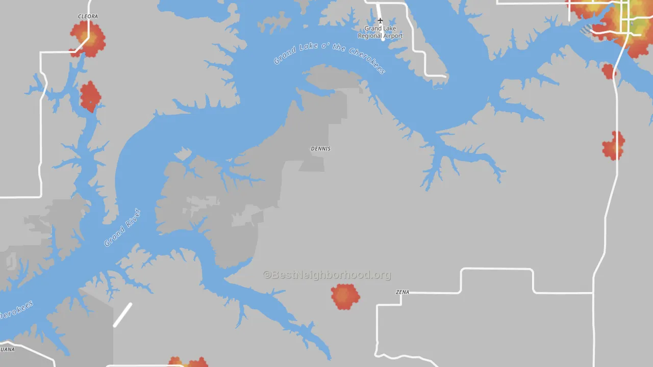Walk Grade map of Dennis, OK, walkable areas in green and car-dependent areas in red