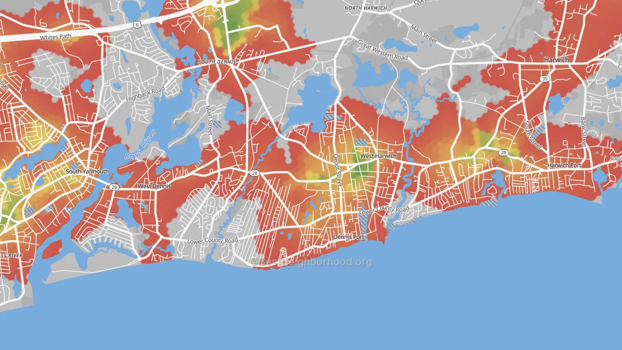 Walk Grade map of Dennis Port, MA, walkable areas in green and car-dependent areas in red