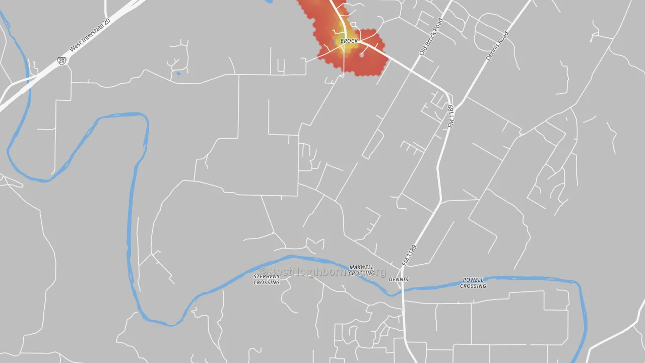 Walk Grade map of Dennis, TX, walkable areas in green and car-dependent areas in red