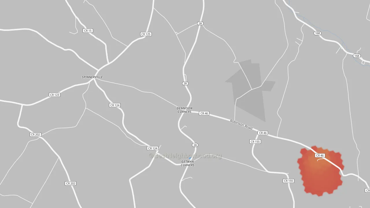Walk Grade map of Dennison Corners, NY, walkable areas in green and car-dependent areas in red