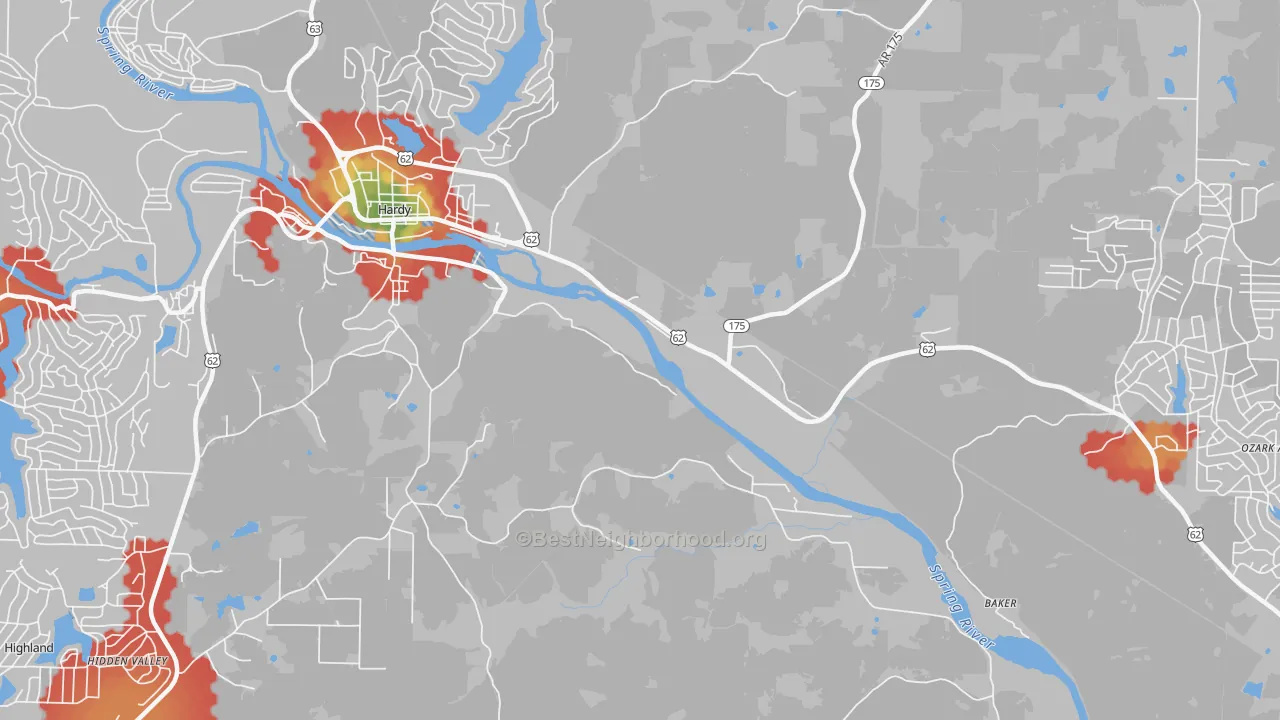 Walk Grade map of Dennison Heights, AR, walkable areas in green and car-dependent areas in red